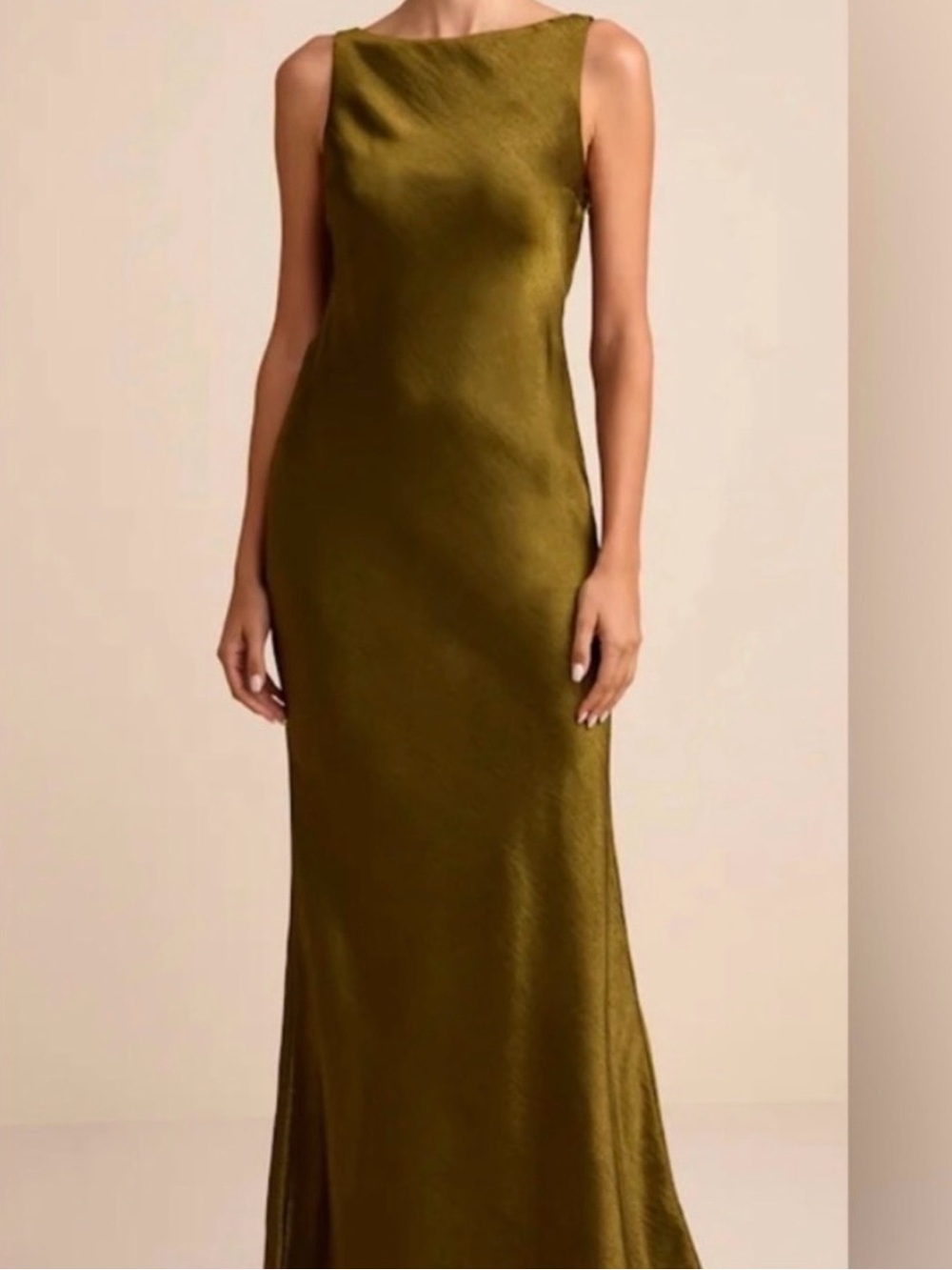Janita Olive Satin Sleeveless Cowl Back Maxi Dress | Like New | Size L